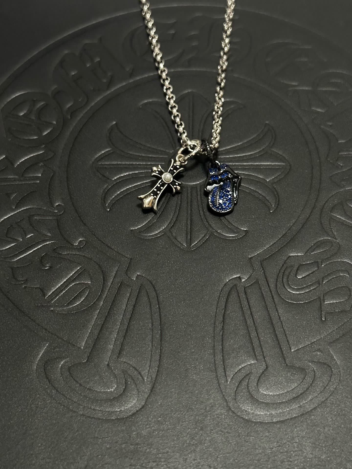 Chrome Hearts Silver Cross and Blue Enamel Charm Necklace